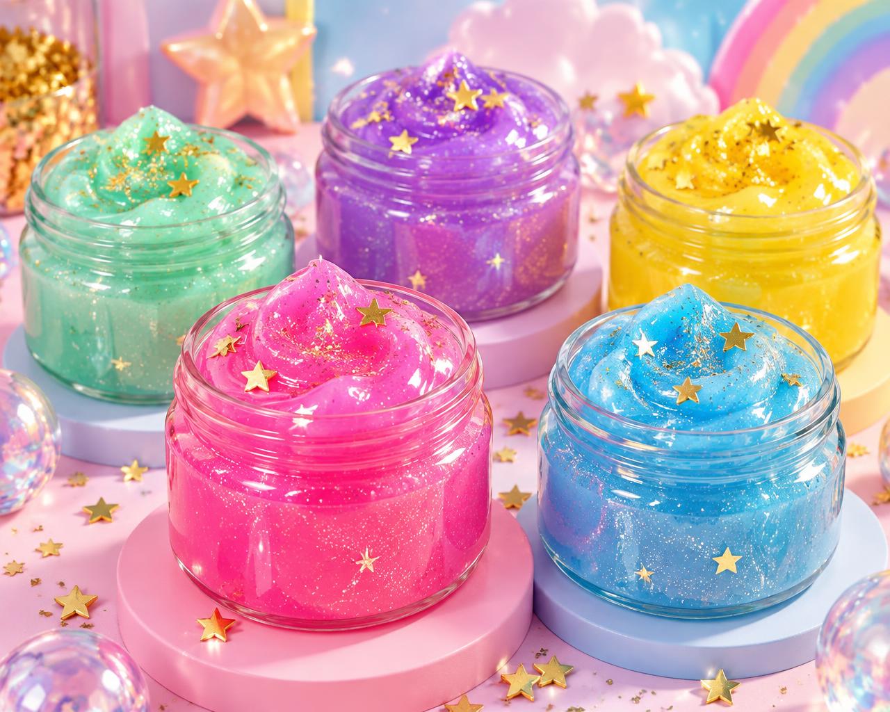 Glass jars of glossy slime in bright pink, mint, purple, yellow and blue with star glitter